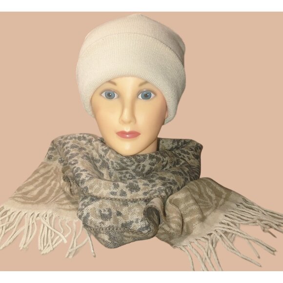 V Fraas Beige Animal Print Scarf Germany Cashmink Fringe 52 by 11 Knit Hat Bonus - Picture 1 of 10
